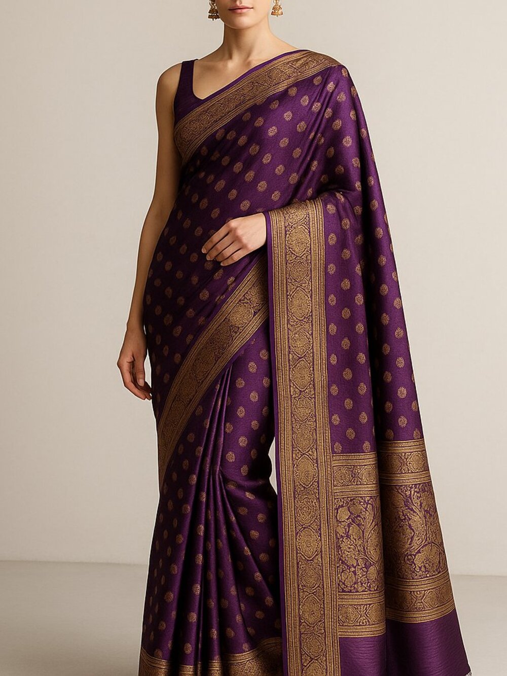 Independent Elegant Banarasi Silk Saree in Rich Purple with Golden Accents